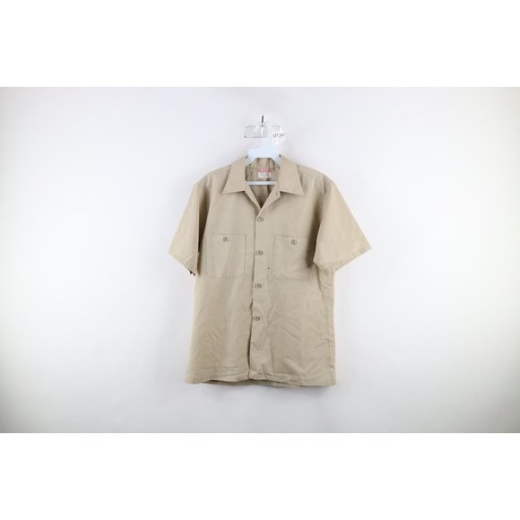 Vintage 50s Big Mac Mens Medium Distressed Work Mechanic Button Shirt Beige USA - Picture 1 of 14